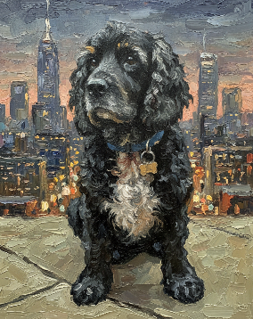 Custom adventure dog oil painting portrait on a beach on holiday